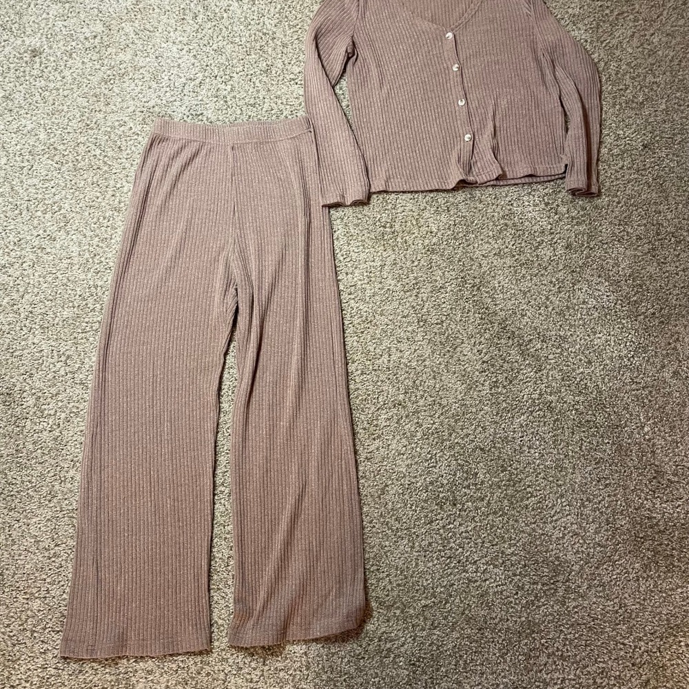 Womens Ribbed Knit Pajama Set Mauve Taupe Cardigan and Wide Leg Pants Lounge Set